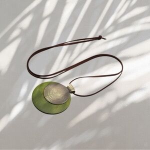 Handcrafted Green Disc Pendant Necklace with Brown Cord